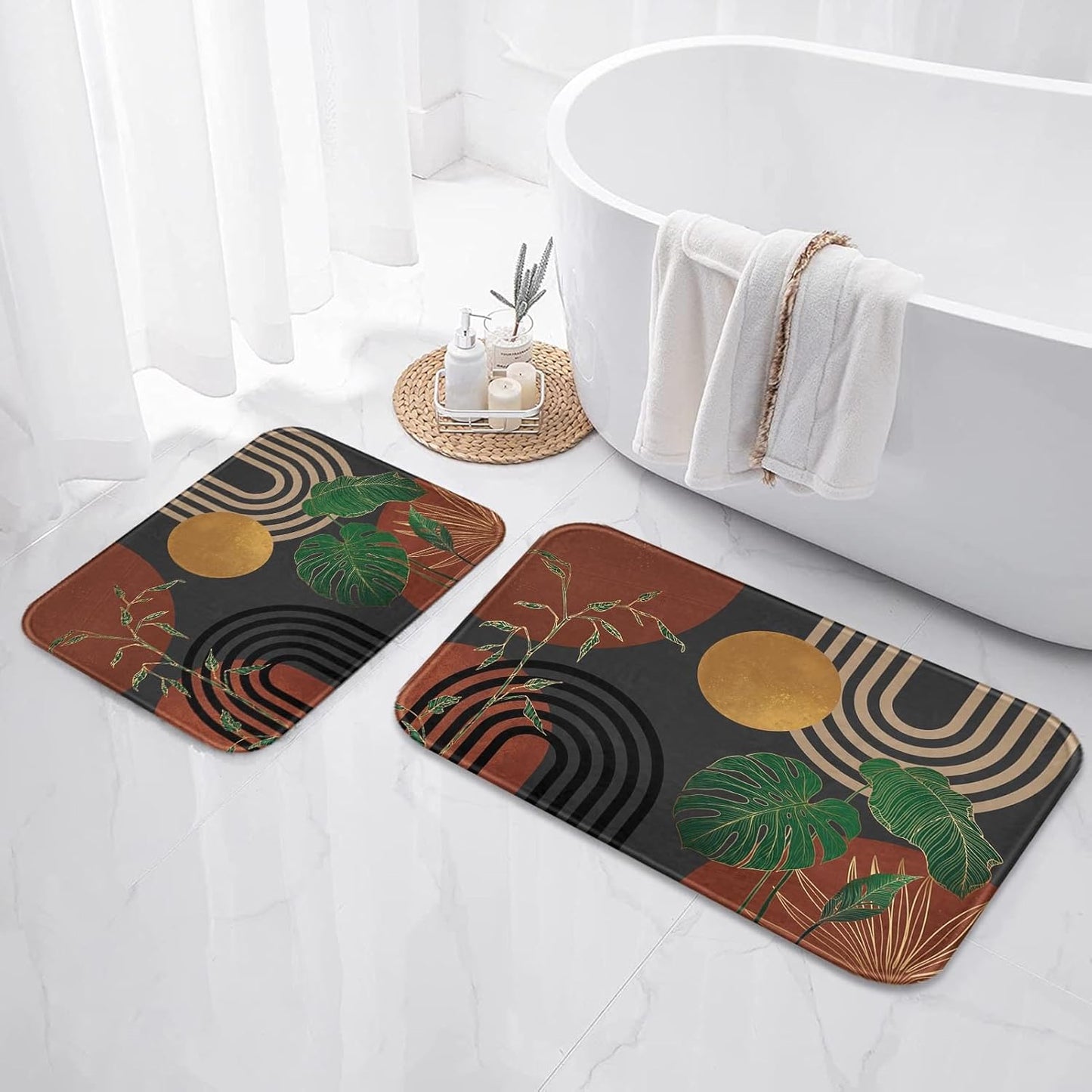 Britimes Boho Abstract Tropical Gold Botanical Bathroom Rug Mat Set of 2, Washable Cover Floor Rug Carpets Floor Bath Mat Bathroom Decorations 16x24 and 20x32 Inches