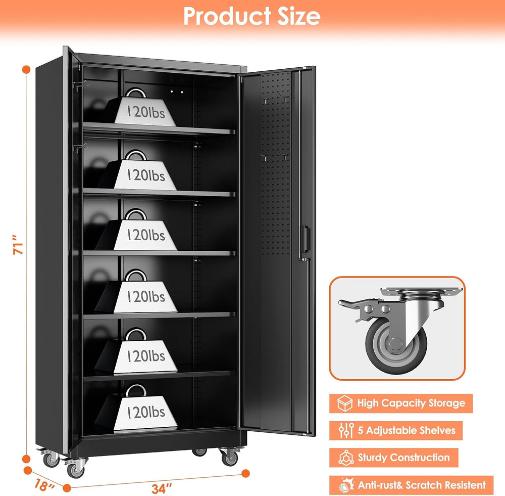 Aobabo Metal Garage Storage Cabinet with Wheels, 71" H, Black
