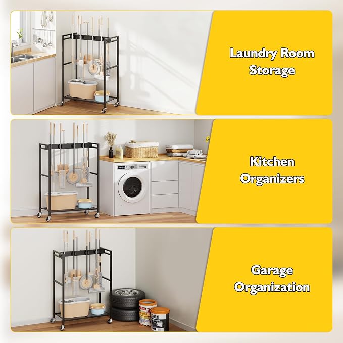 BORISI Broom And Mop Holder, Movable Broom Closet Storage Cabinet, Cleaning Cart - Image 8