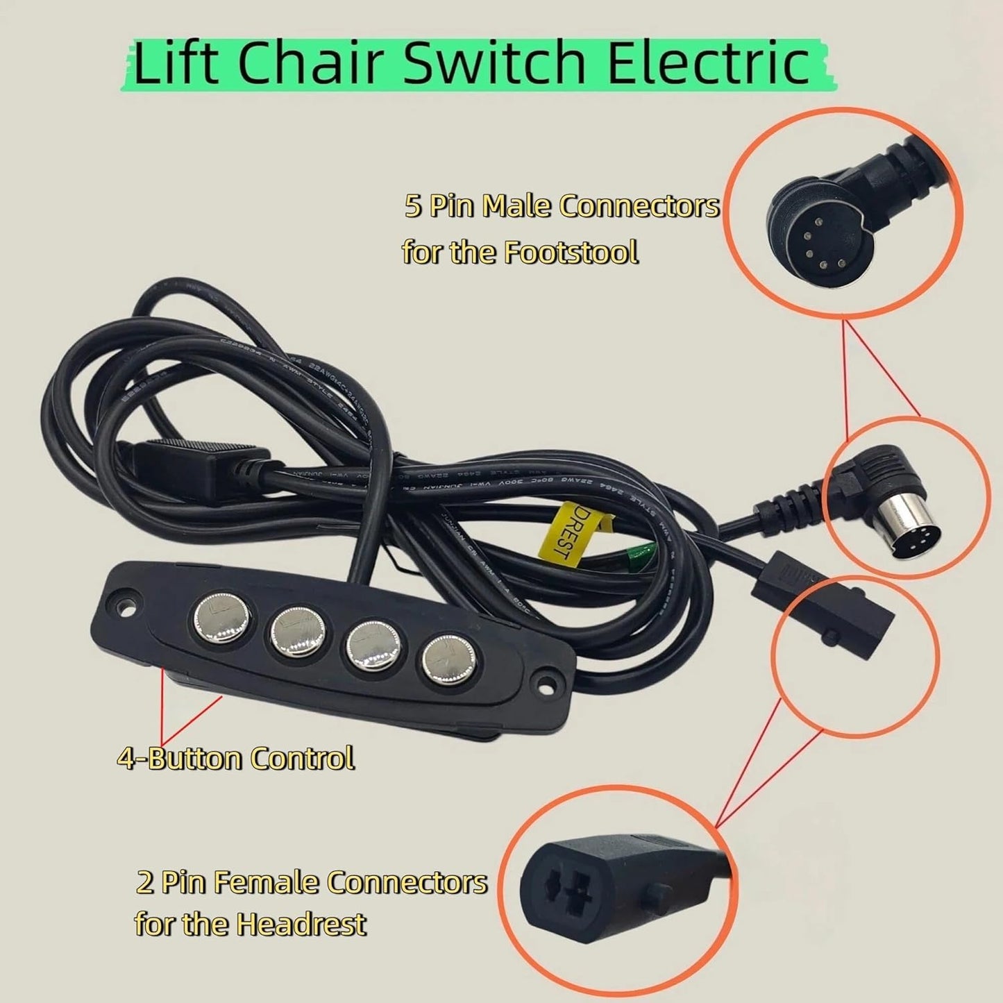 WPS4C10073 Power Recliner Controller, 4-Button Lift Chair Hand Control Replacement with 5+2 Pin Connector, Compatible with 23300195X000(B) 23300235X000 DK.08.07.110 141600640