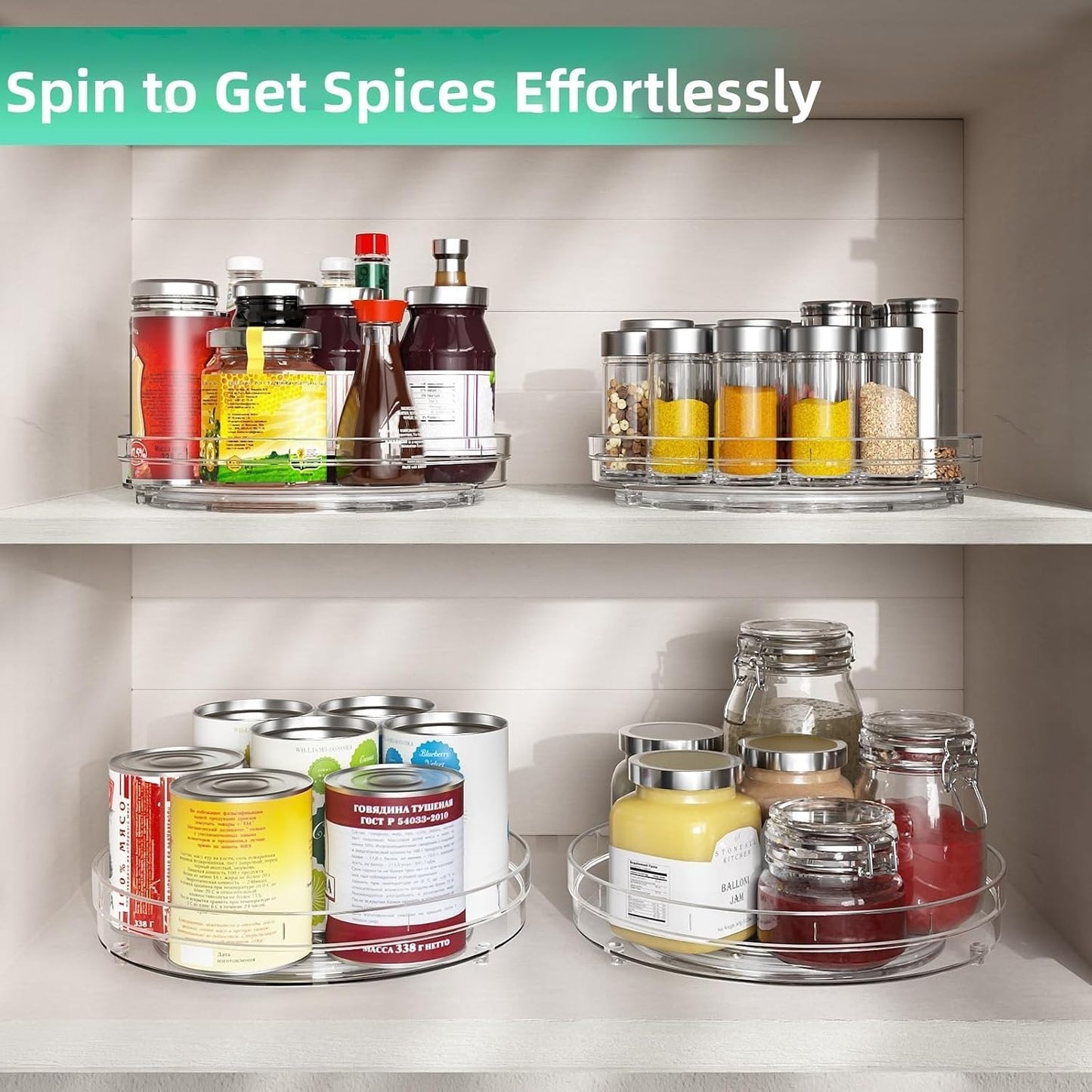 Optish 2 Pack 9.5" Lazy Susan Organizer for Cabinet, Non-Skid Turntable | Fridge Organizer and Storage, Rotating Spice Organizer, for Pantry, Kitchen, Table Top, Countertop, Easy Access, Load 15 lbs