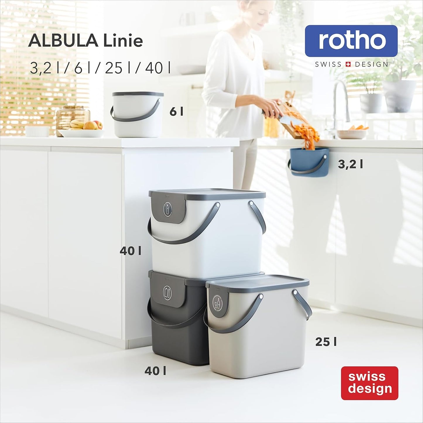 Rotho Indoor Recycling bin from Albula - 1024901023, White, 25 l (40.0 x 23.5 x 34.0 cm)