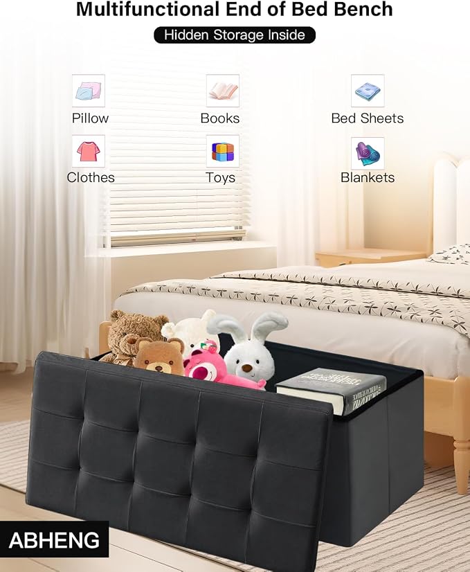 Folding Storage Ottoman, Velvet Storage Bench, Removable Divider, - Image 4