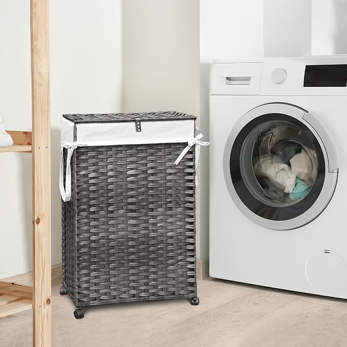 70L Slim Laundry Hamper with Lid & Wheels, Rolling Laundry Basket with 2 - Image 2