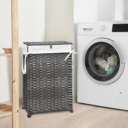 70L Slim Laundry Hamper with Lid & Wheels, Rolling Laundry Basket with 2 - Image 2