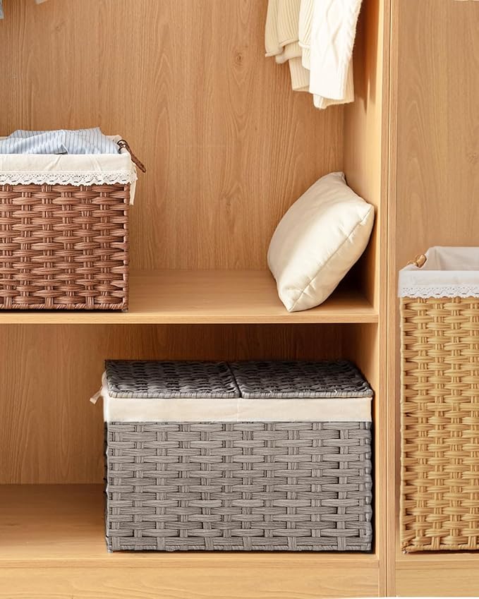 Storage Basket with Lid Rattan, Woven Storage Baskets with 2 Separate Lids - Image 7