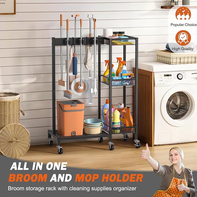 Broom Holder with Cleaning Supplies Organizer, Broom Closet Storage Cabinet - Image 2