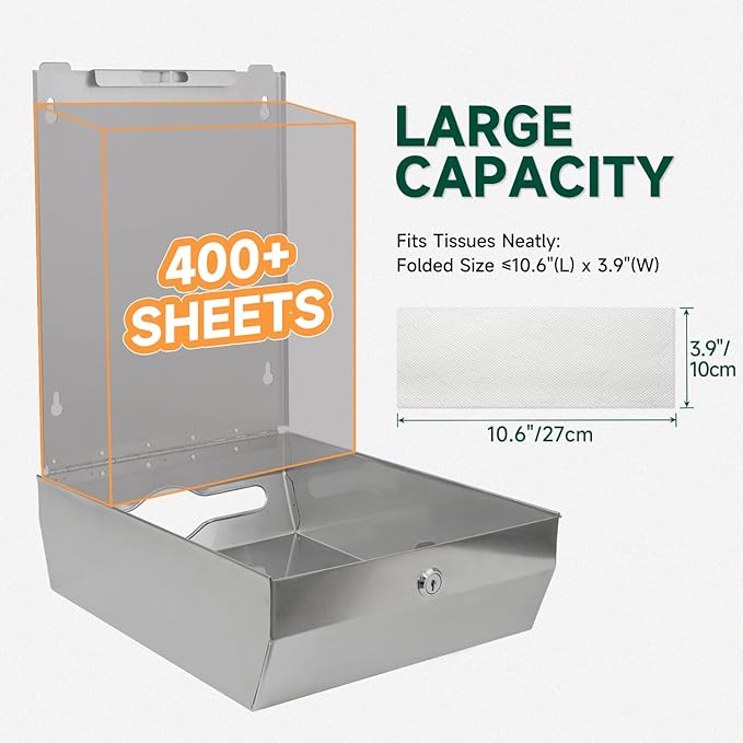 Commercial Paper Towel Dispenser Wall Mount 400-Sheet Capacity Brushed - Image 3