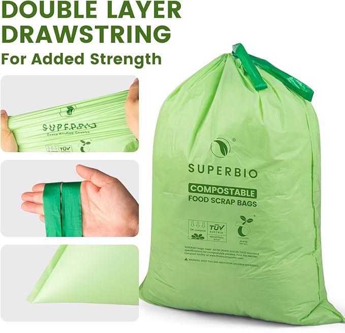 SUPERBIO 8 Gallon Compostable Drawstring Kitchen Waste Bags, 30.3 Liter - Image 6