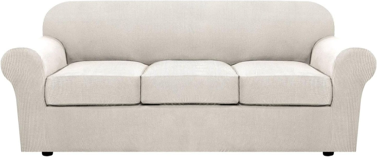 H.VERSAILTEX 4 Piece Stretch Couch Covers for 3 Cushion Couch Sofa Furniture Slipcovers Feature Upgraded Thicker Jacquard Fabric (Sofa, Ivory)
