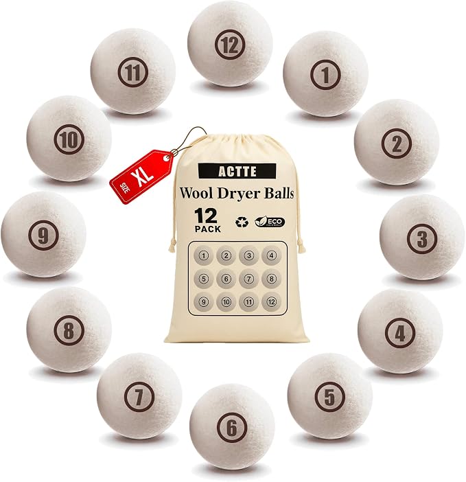 Sheep Wool Dryer Balls 12 Pack XL Premium Natural Fabric Softener, Reusable by ACTTE