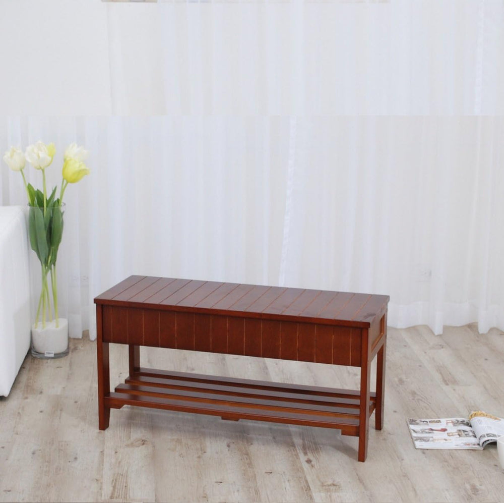 Roundhill Furniture Quality Solid Wood Shoe Bench with Storage, Cherry
