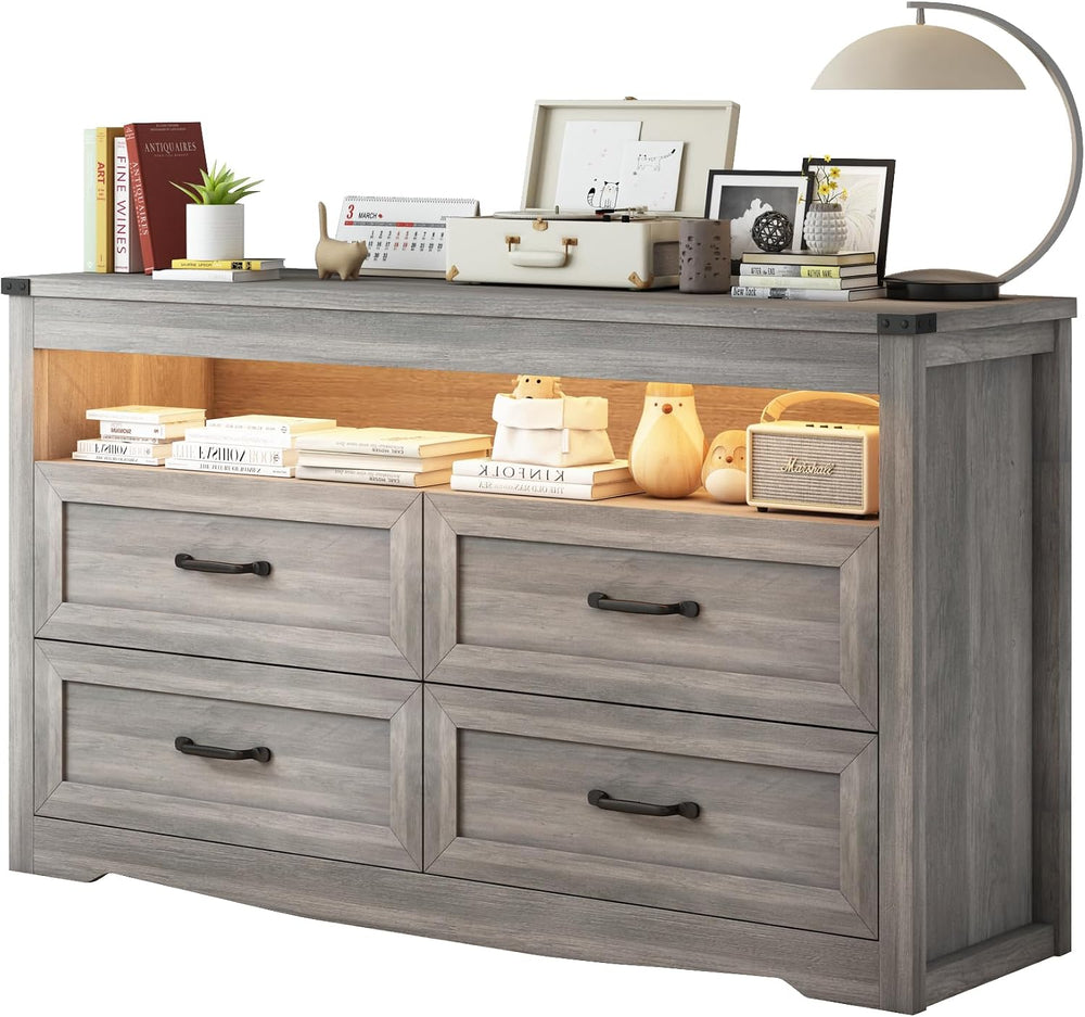 Wodeer Grey Dresser for Bedroom, Wooden 4 Drawer Dresser with LED Light, Dres...