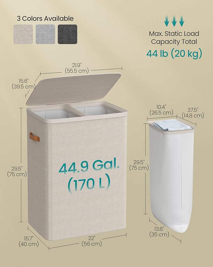 SONGMICS Laundry Basket, 44.9 Gal. Laundry Hamper, 2 Compartments, Easy Assembly - Image 5
