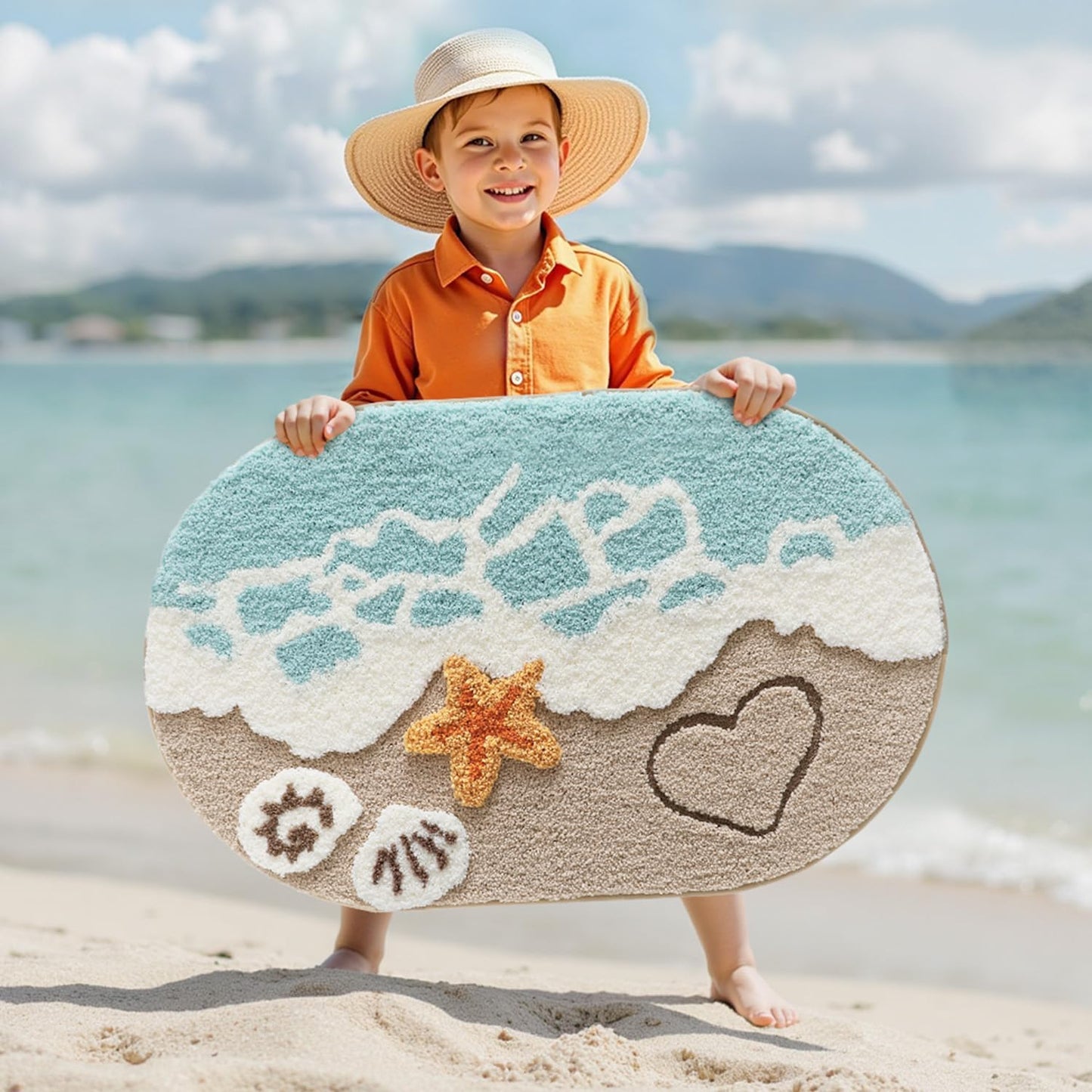 LUMI Soft and Absorbent Beach Bathroom Rug, Non-Slip Backing, Ideal for Bathroom, Kitchen and Entryway Decor, Sea Beach Starfish Shell Bath Decor, Blue, 22"x34"