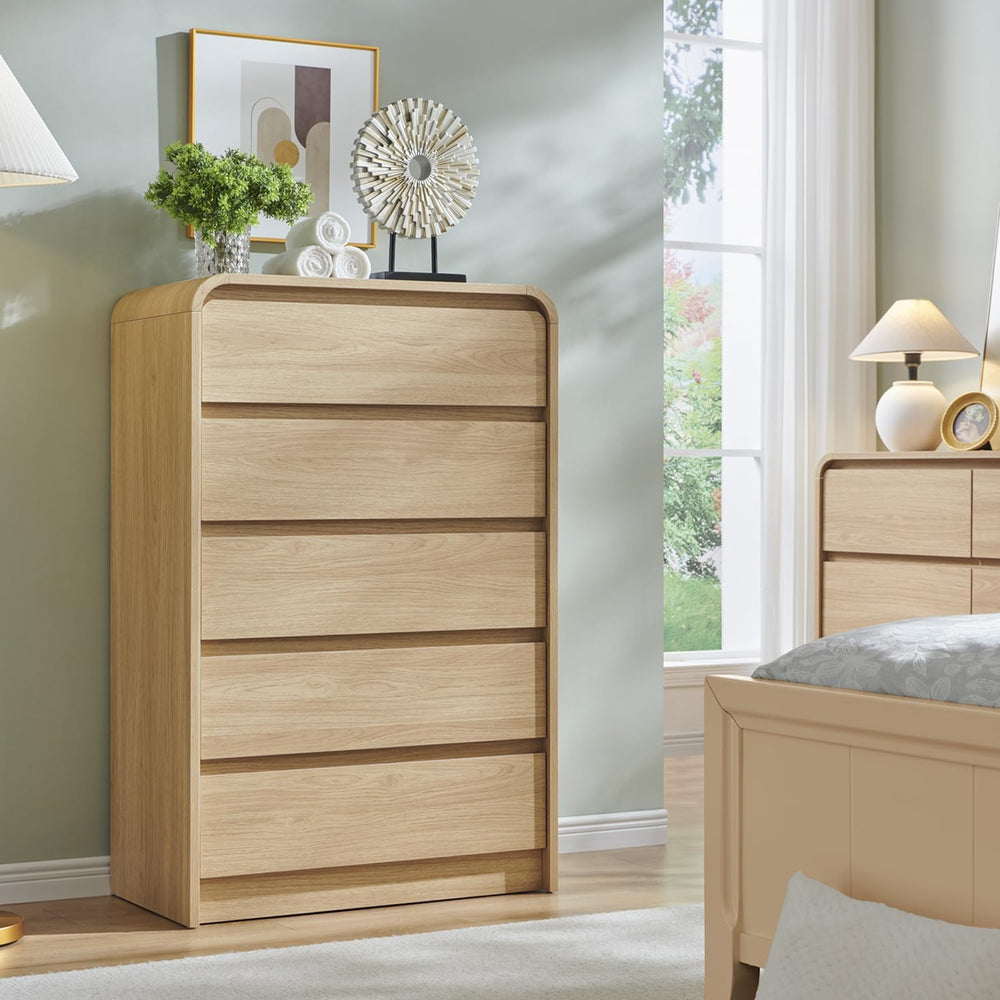 Aitjunz Modern 5 Drawers Dresser for Bedroom, 45" Tall Dresser, Natural Oak