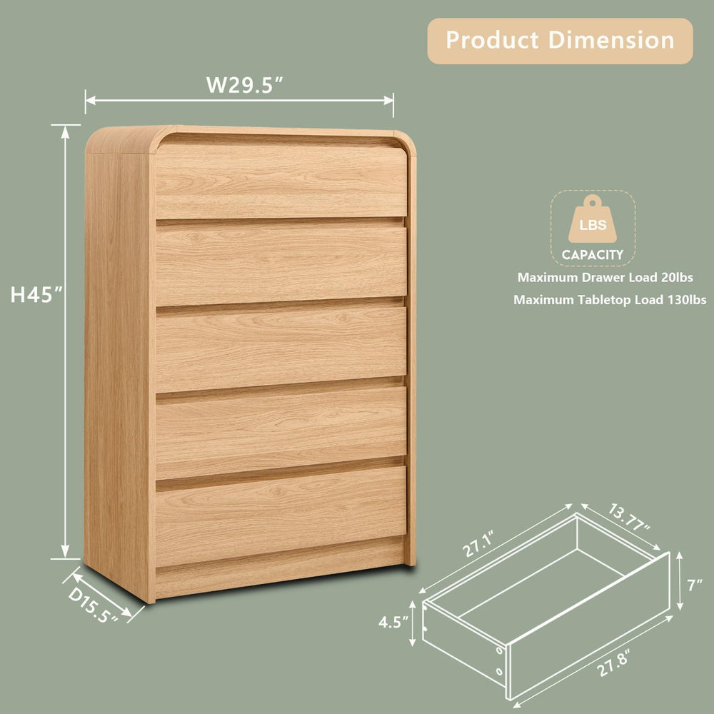 Aitjunz Modern 5 Drawers Dresser for Bedroom, 45" Tall Dresser, Natural Oak