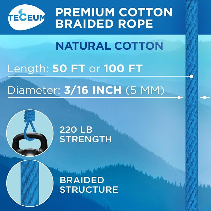 TECEUM Cotton Rope 3/16” – 50 FT – Strong All-Purpose Braided Rope – Natural - Image 2