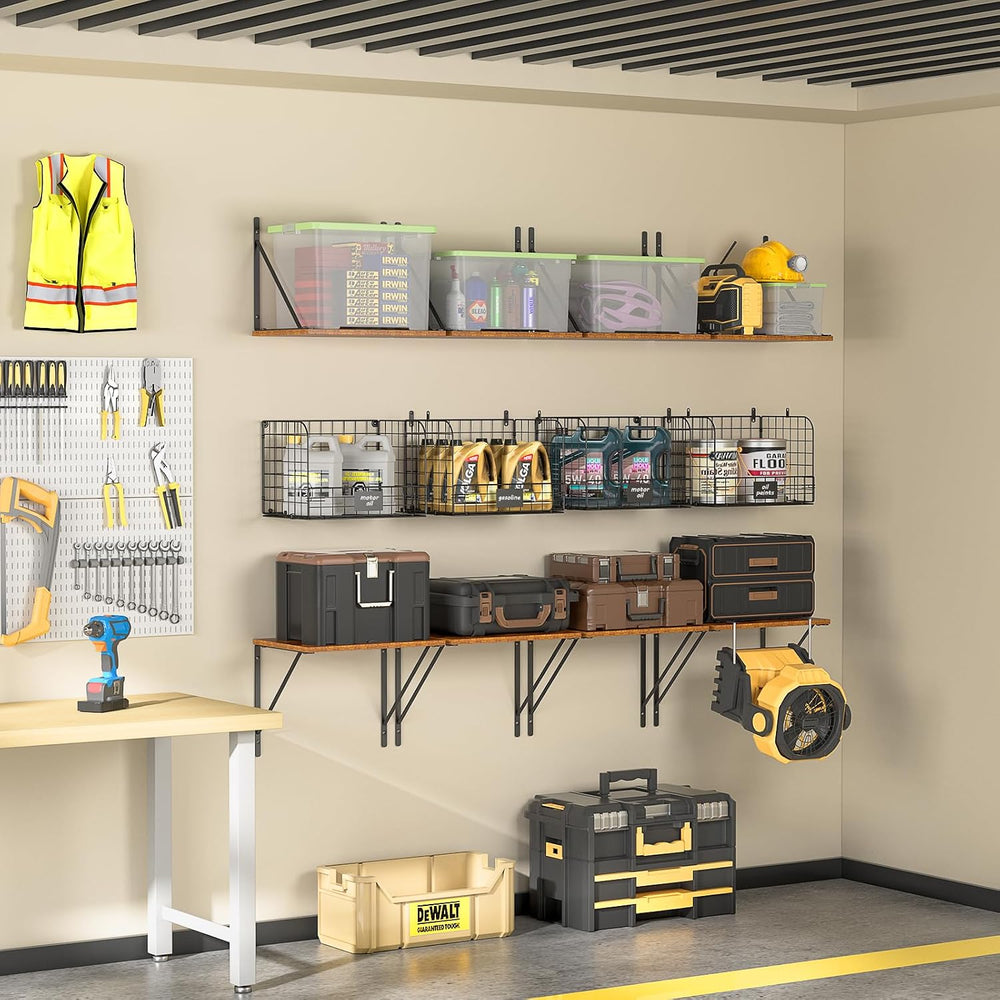 ThreeHio 2 Pack Garage Shelves Wall Mounted with Wire Storage baskets, Heavy ...