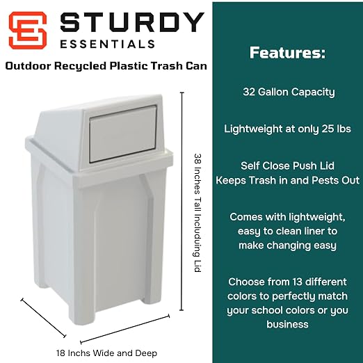 32 Gallon Square 100% Recycled Plastic Heavy Duty Outdoor Trash Can - Image 2