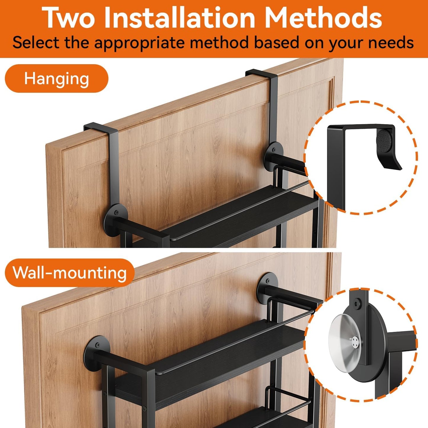 IBUYKE Over the Door Spice Organizer,Door or Wall Mount,Black TLJ028B | 6 Tier Wall Mounted Spice Rack Adjustable Hanging Storage Shelves Spice Organization for Kitchen cabinet Bathroom Closet