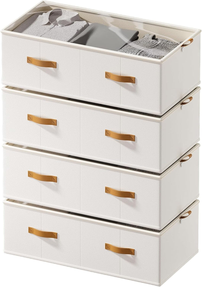 FHSQX 4 Pack Under Bed Storage Bins,10 Inch Tall,White, 31.5x15.8x10 inch