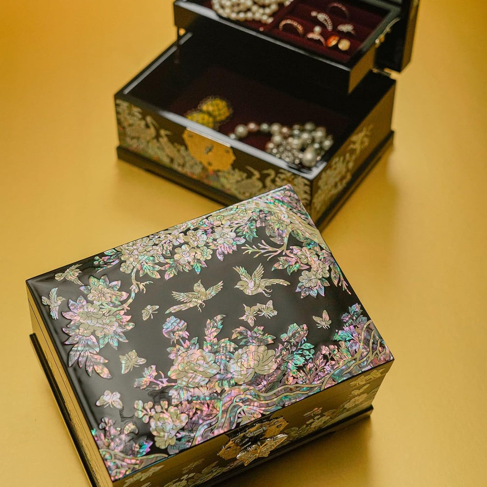 February Mountain Mother-of-Pearl Jewelry Box | Wooden Make | Two-Layer Velve...