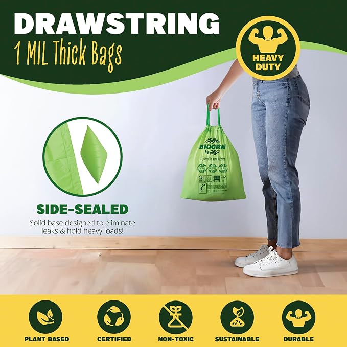 2.6-3 Gallon Compostable Trash Bags Drawstring 50 Bags Extra Thick 1 Mil 11.36 - Image 3
