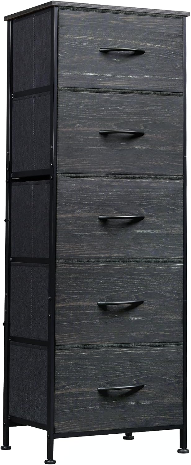 WLIVE 5 Drawer Dresser for Bedroom, Tall Chest of Drawers, Black Wood Grain