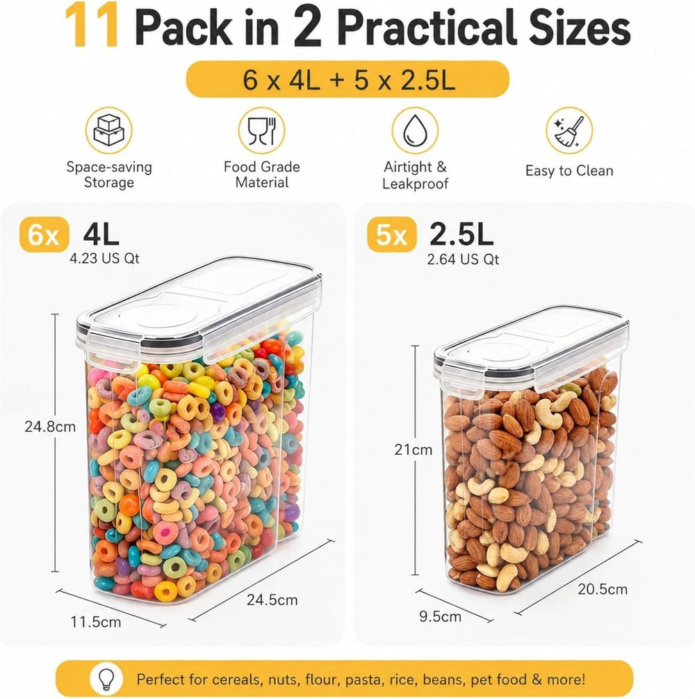 11 Pack Cereal Containers Storage Set (4L, 2.5L), BPA Free, Leak Proof