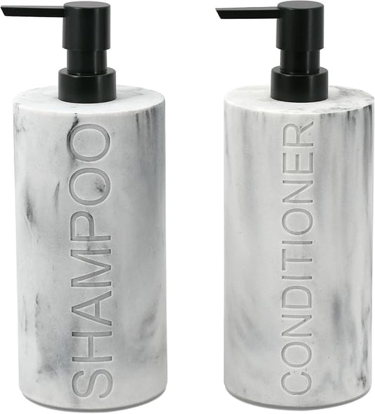 Marble Resin 2 Piece Shampoo and Conditioner Dispenser Set, Luxurious by IndecorHome