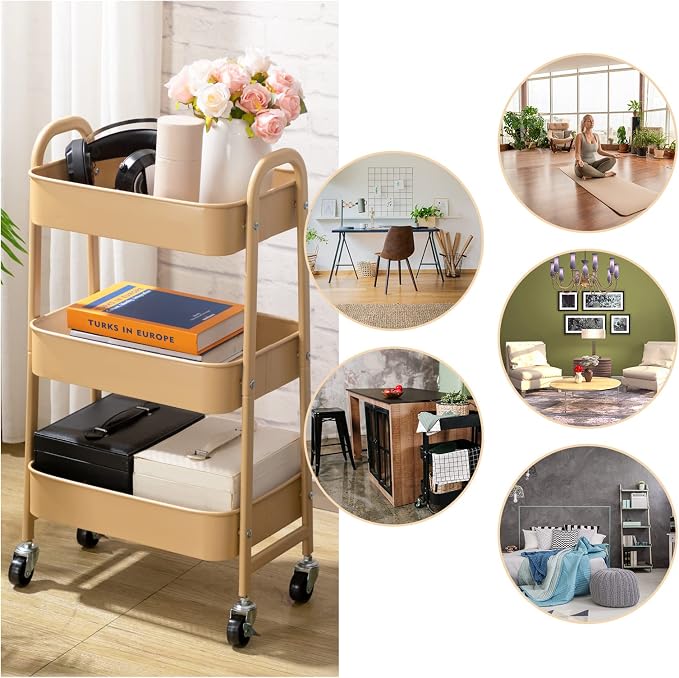 AGTEK Makeup Cart, Movable Rolling Organizer Cart, 3 Tier Metal Utility Cart - Image 5