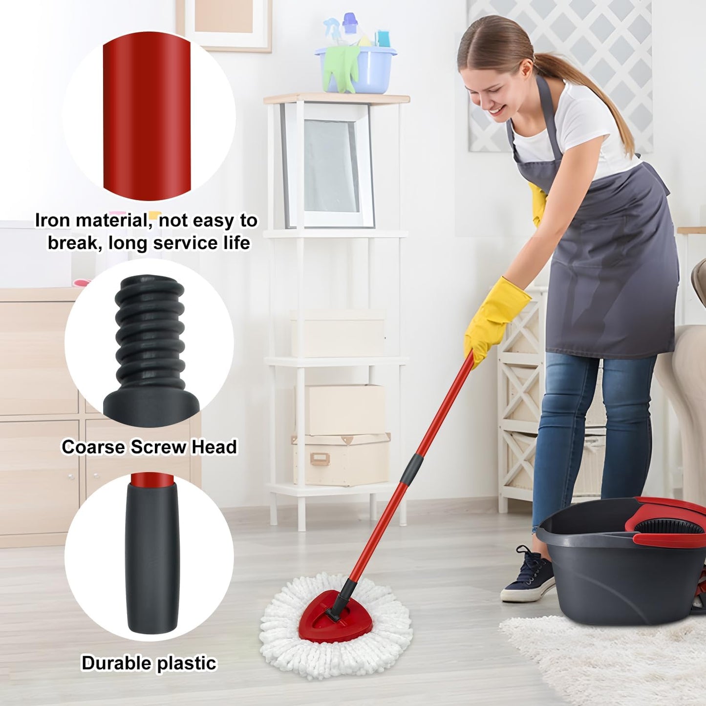 Mop Replace Heads Mop Handle and Base Replacement for O Cedar EasyWring 1-Tank Spin Mop System, 2 Microfiber Mops Refills, 4-Section Iron Mop Handle 30-58Inch and 1 Mopping Heads Cover Set (No Bucket)