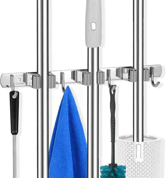 voze 3 Racks and 4 Hooks Mop and Broom Holder Wall Mount, Self Adhesive Heavy by voze