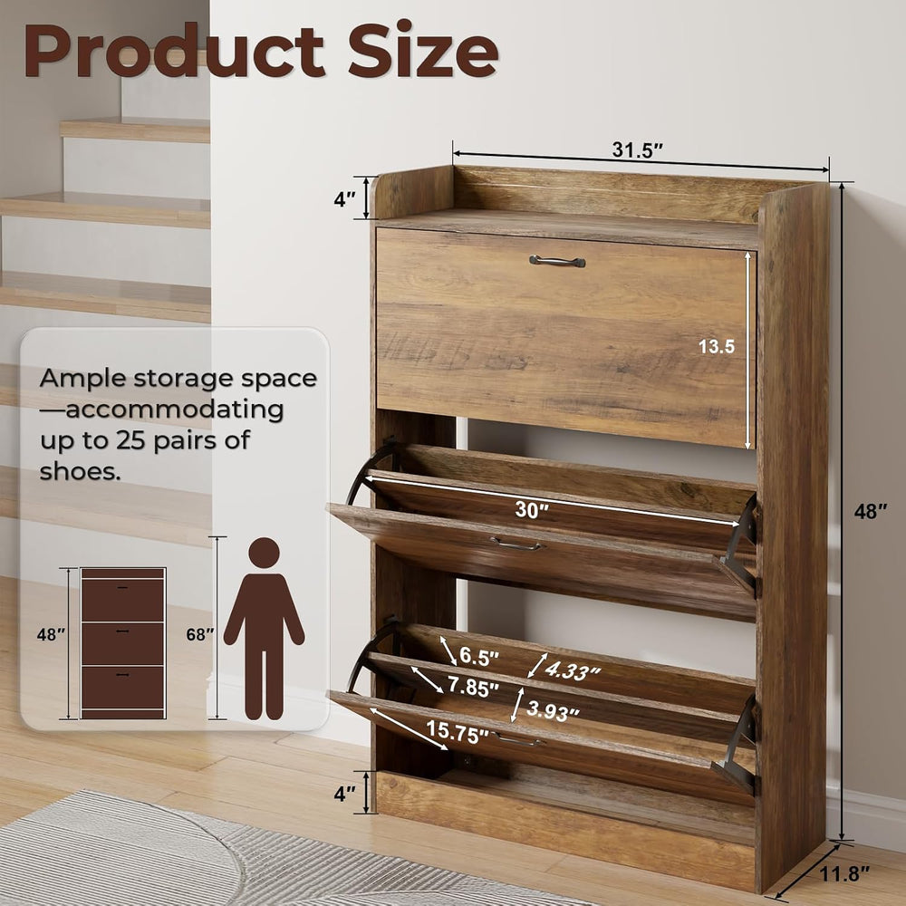 HOMMPA Farmhouse Shoe Storage Cabinet with 3 Flip Drawers, Shoe Cabinet Stora...