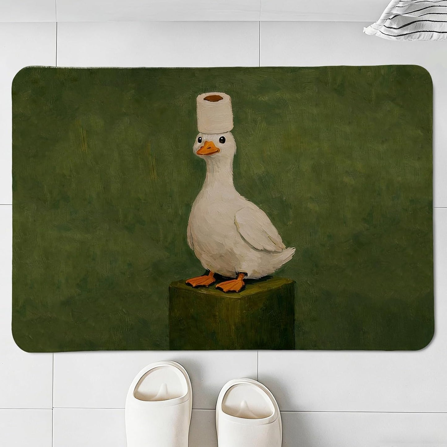 Green Funny White Duck Kitchen Mat,Playful Duck with Toilet Paper Roll Bathroom Mat,Cute Animal Decorative Mats Rug for Bathroom Dressing Table Shower Tub Kitchen Entry Door,24x16Inch
