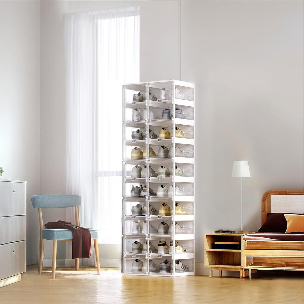 ANTBOX Collapsible Shoe Boxes Clear Plastic Stackable, Quick Setup Drop Front...