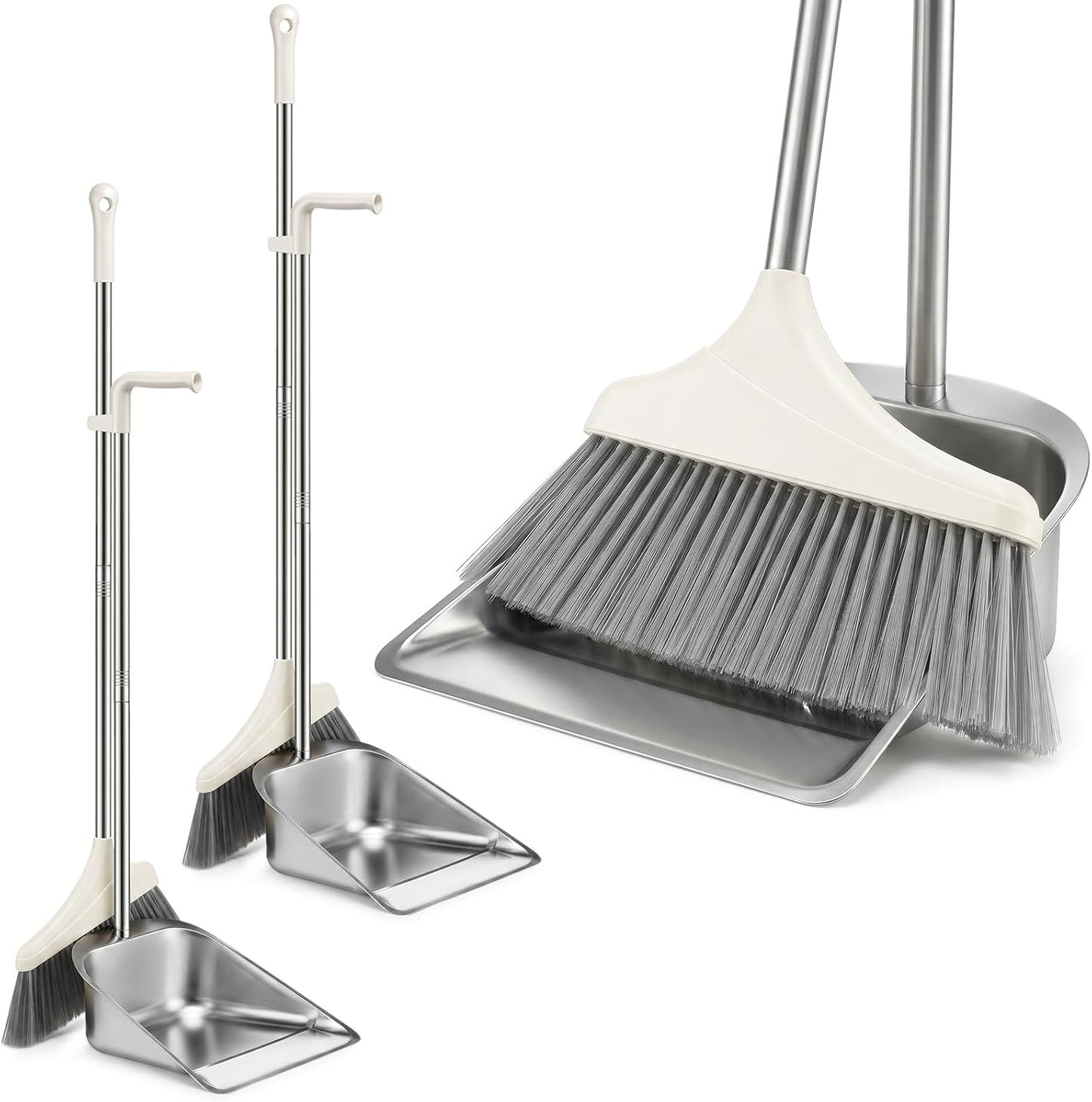 2 Pack Stainless Steel Broom and Dustpan Set Heavy Duty, Long Handle Dustpan with Upright Stand, Angled Bristles for Indoor and Outdoor Home Kitchen Floor Cleaning