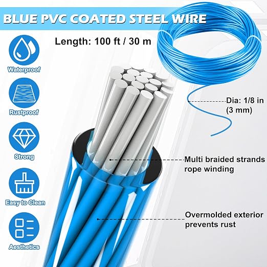 Turnbuckles for Cables Wire, 1/8" X 100Ft Blue PVC Coated Wire Rope Kit - Image 3