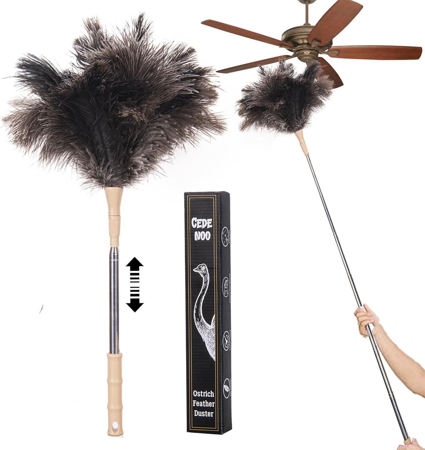 Extendable Ostrich Feather Duster, Natural Ostrich Feathers Long Handle Duster for Cleaning, 47” Soft & Fluffy Feather Duster for High Ceilings, Fans, Walls, Furniture, Home Dusting