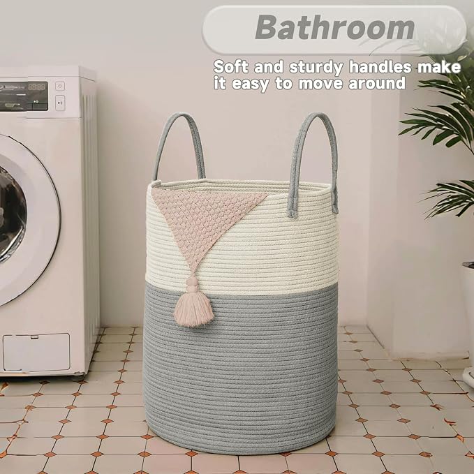 Large Woven Laundry Basket Hamper, 60L Cotton Rope Storage Bin - Image 5