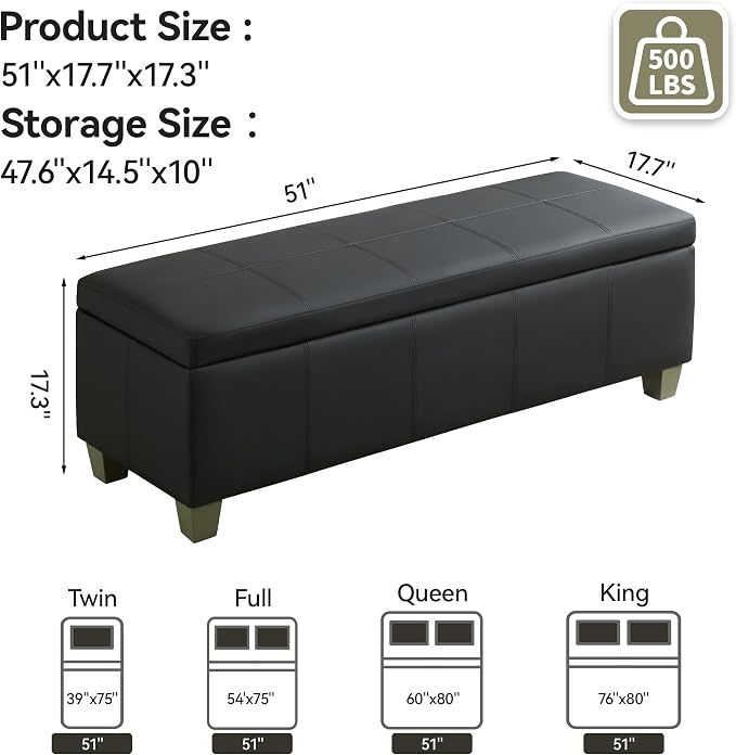 51" Faux Leather Storage Ottoman, Stitch Tufted Rectangle Upholstered End of - Image 2