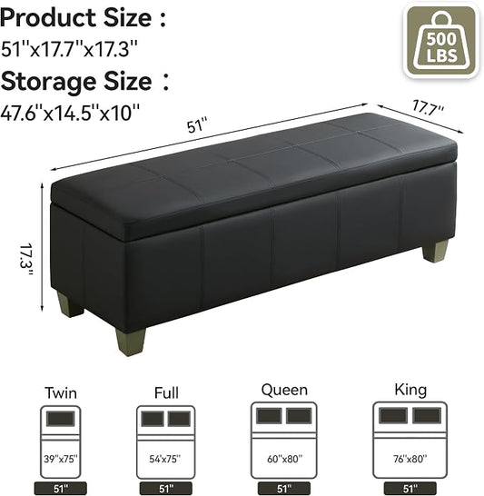 51" Faux Leather Storage Ottoman, Stitch Tufted Rectangle Upholstered End of - Image 2