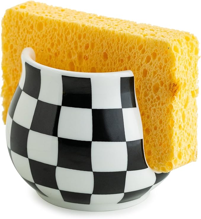 Checkered Sponge Holder for Kitchen Sink, Ceramic Dish Sponge Dish Rack Scrubby by LAUCHUH