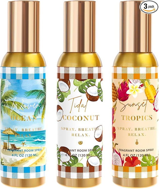 Room Spray, Tidal Coconut, Woven Ocean, Sunset Tropics, 3 Pack, Each 4 fl oz by CLESH
