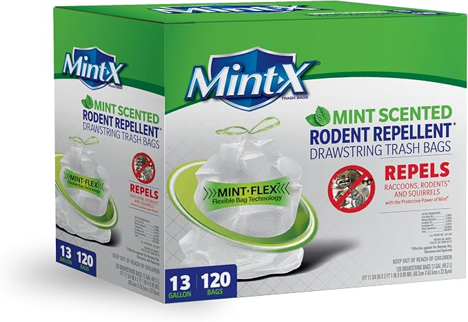 Mint -X Rodent Repellent Indoor Tall Kitchen Drawstring Trash Bags by Mint-X
