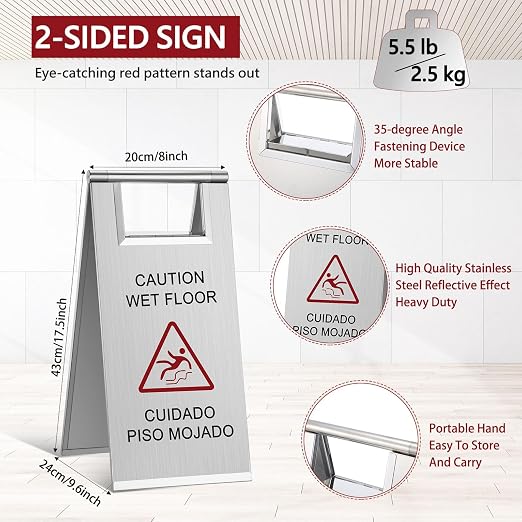 Kigley 2 Pcs Wet Floor Sign, 17 Inch Stainless Steel Caution Wet Floor Sign - Image 2