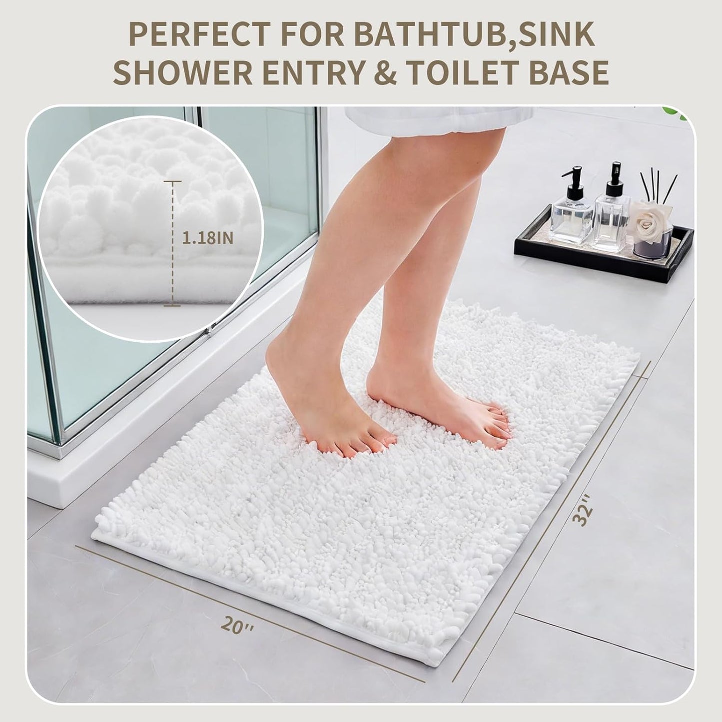 Bathroom Rugs Non Slip Washable 32x20, Extra Thick Soft Chenille Absorbent Bath Mat, High Density Barrier Non Slip Backing, Quick Dry Plush Shaggy Floor Carpet for Tub&Shower, White