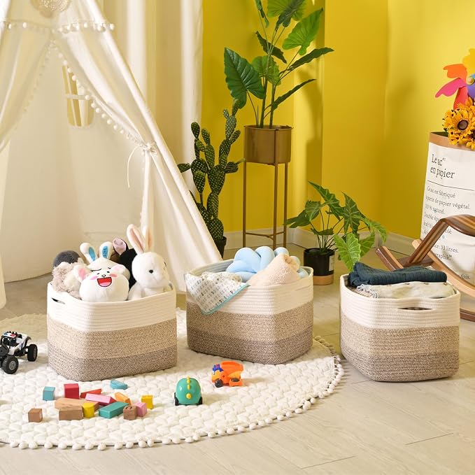 Storage Baskets for Organizing Shelves, Woven Cotton Rope Bins for Baby Nursery - Image 6