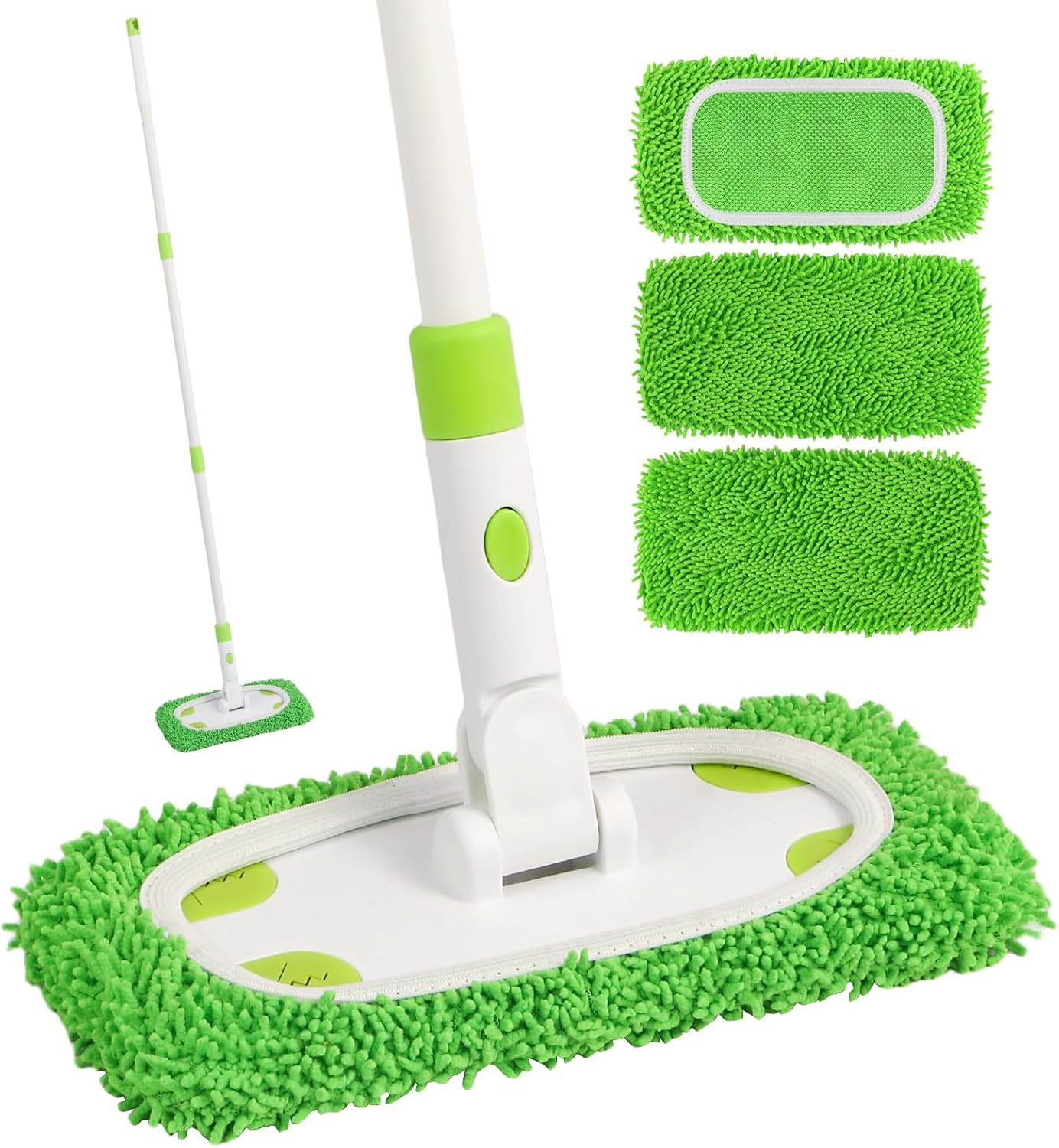 Reusable Microfiber Floor Mop System, Wet & Dry Sweeper Kit, Includes 1 Sweeper Handle, 3 Washable Chenille Mop Pads, Dry & Wet Use for Hardwood, Tile, and Laminate Floor, Green